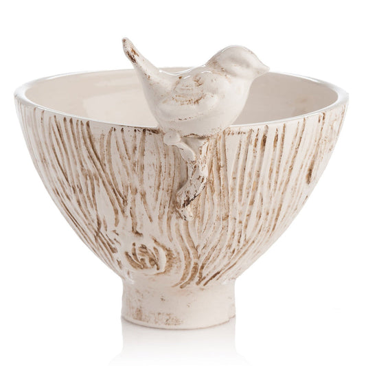 Artisan White Ceramic Bowl with Bird