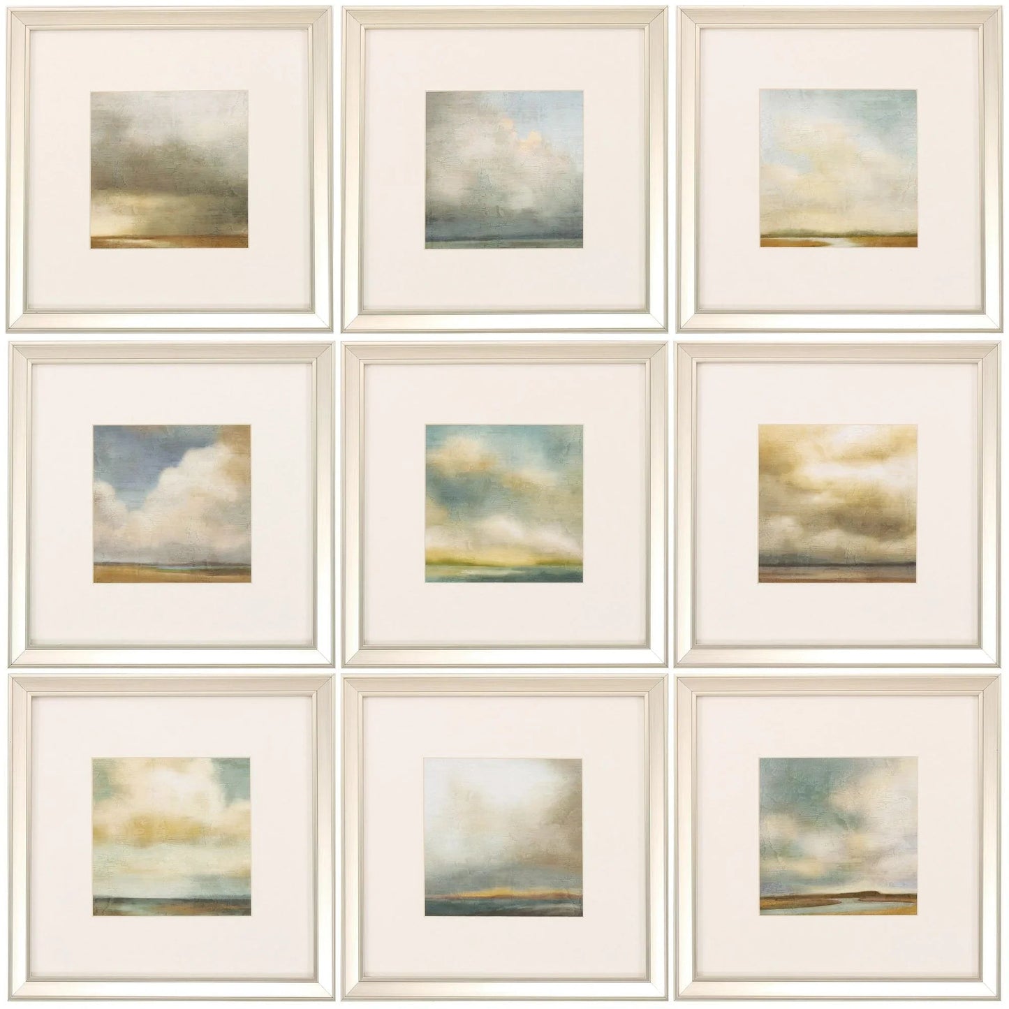 Set of nine framed landscape paintings with clouds and natural scenery.