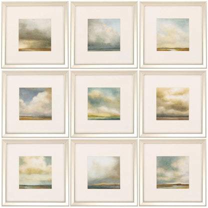 Set of nine framed landscape paintings with clouds and natural scenery.
