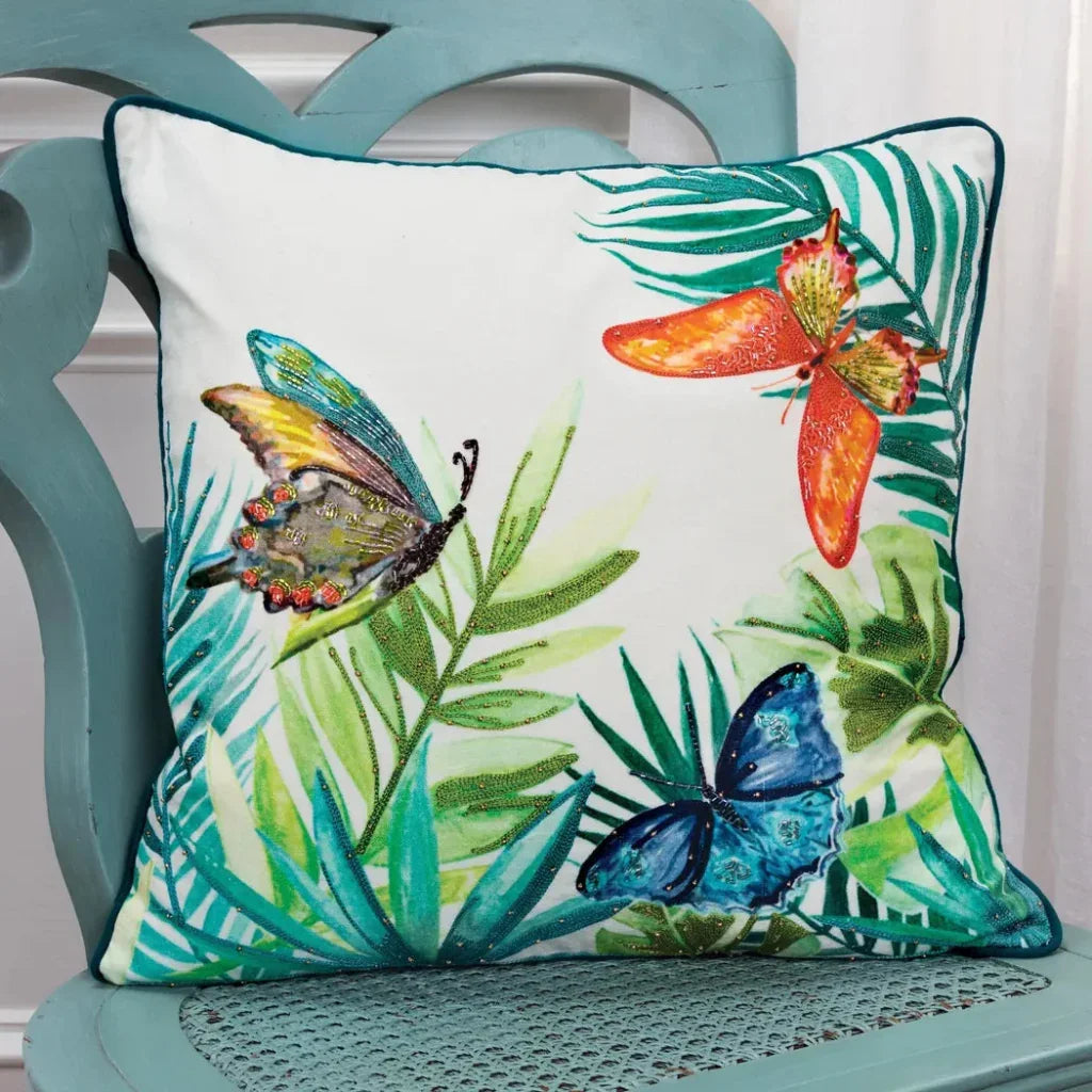 LOOMLAN Beaded Butterflies Coastal Throw Pillow Down Insert