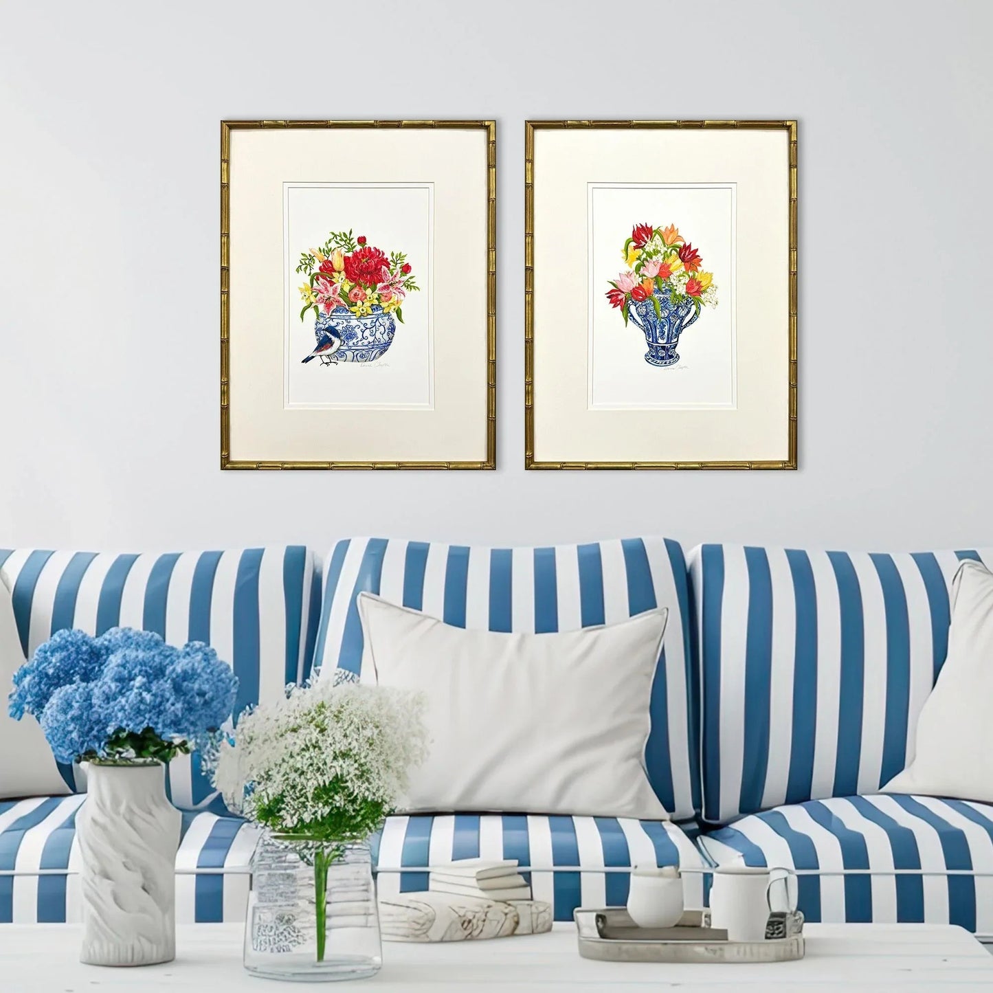 Blue and White Wood Frame Canvas Art 2PC