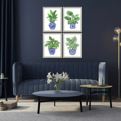 Botanical Blues Wood Frame Canvas Art 4PC