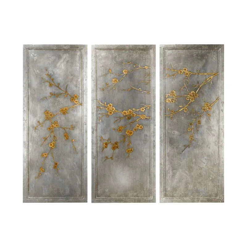 Cherry Blossom Hand Painted Grey Panel (Set of 3)-Framed Wall Art-Chelsea House-LOOMLAN