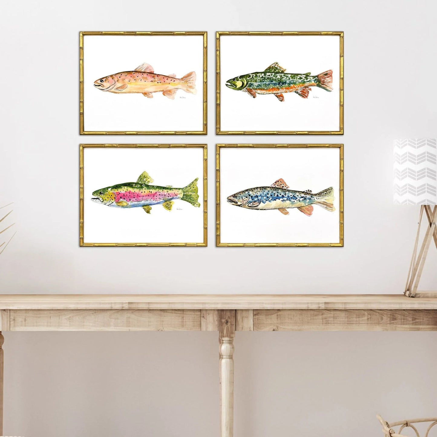 Colorful Trout Wood Frame Green Canvas Art 4PC