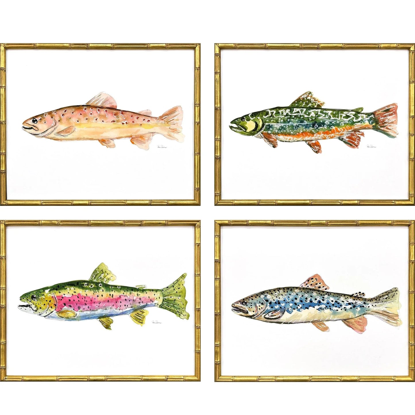 Colorful Trout Wood Frame Green Canvas Art 4PC