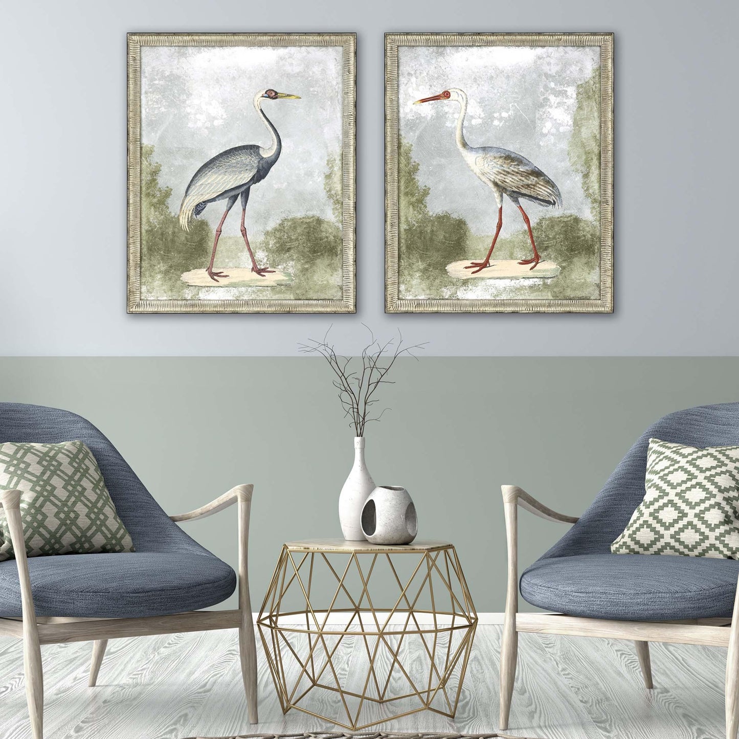 Cranes I Wood Frame Blue Canvas Art 2PC