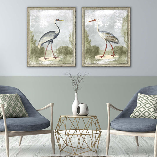 Cranes I Wood Frame Blue Canvas Art 2PC