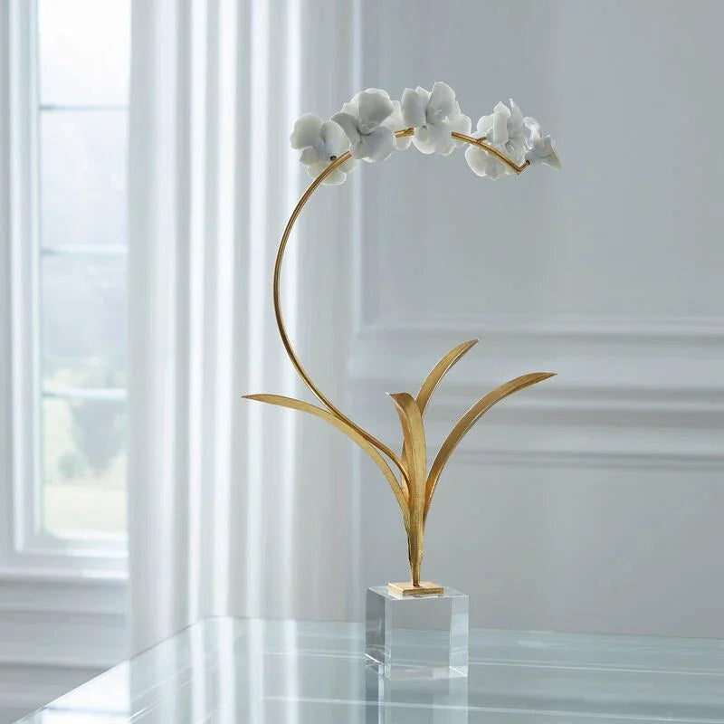 Crystal Based Orchid On Stand Flower Sculpture - LOOMLAN - Chelsea House - Statues & Sculptures
