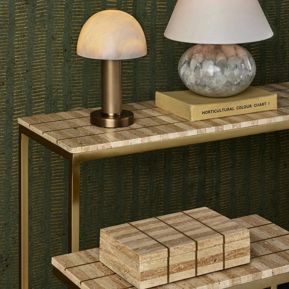 Dezi Natural Brass Inlay Travertine Box - LOOMLAN - Currey & Co - Boxes & Bowls