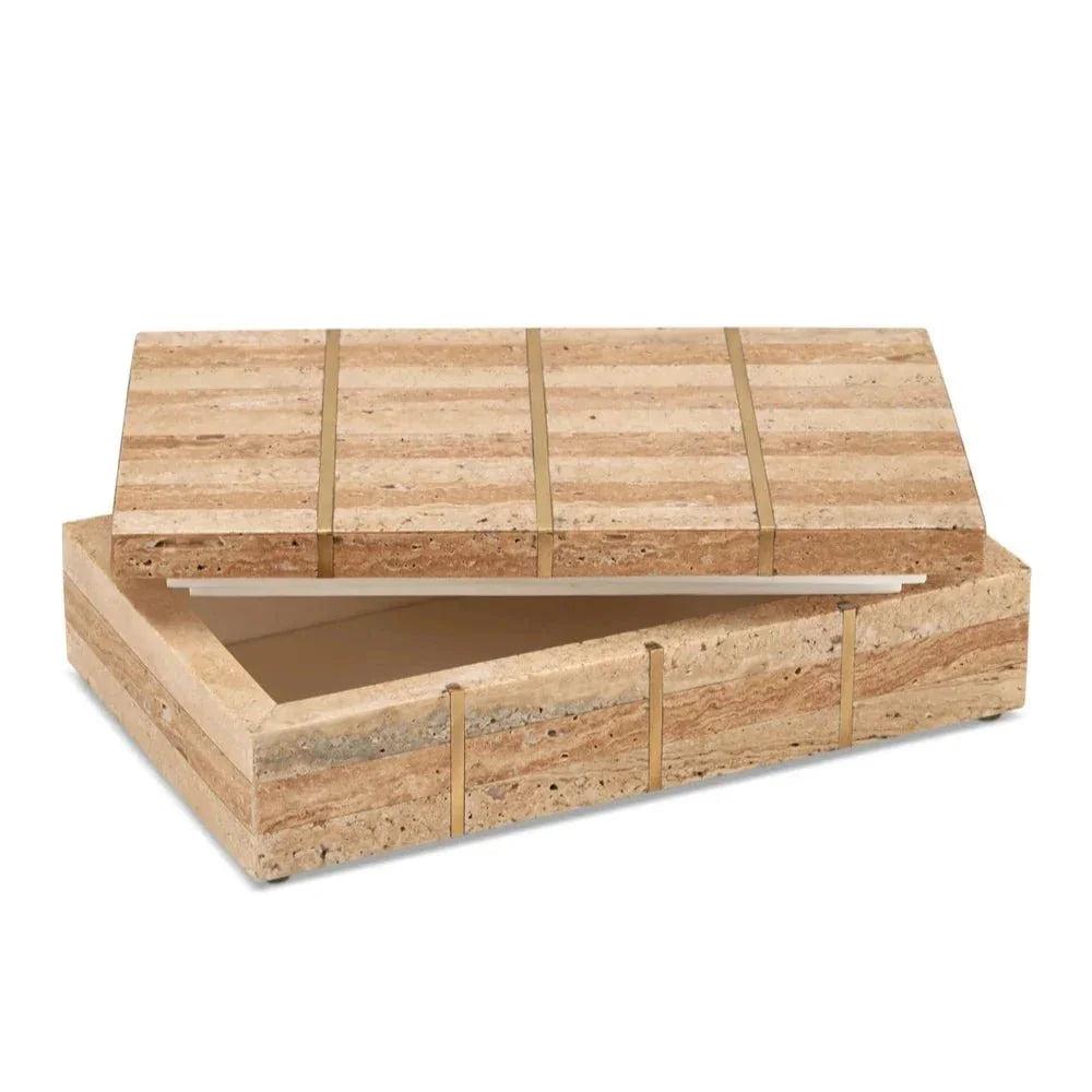 Dezi Natural Brass Inlay Travertine Box - LOOMLAN - Currey & Co - Boxes & Bowls