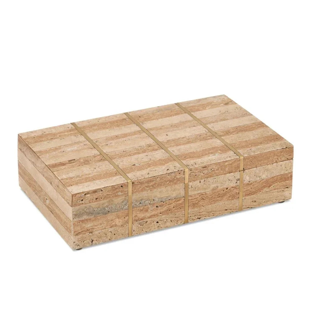 Dezi Natural Brass Inlay Travertine Box - LOOMLAN - Currey & Co - Boxes & Bowls