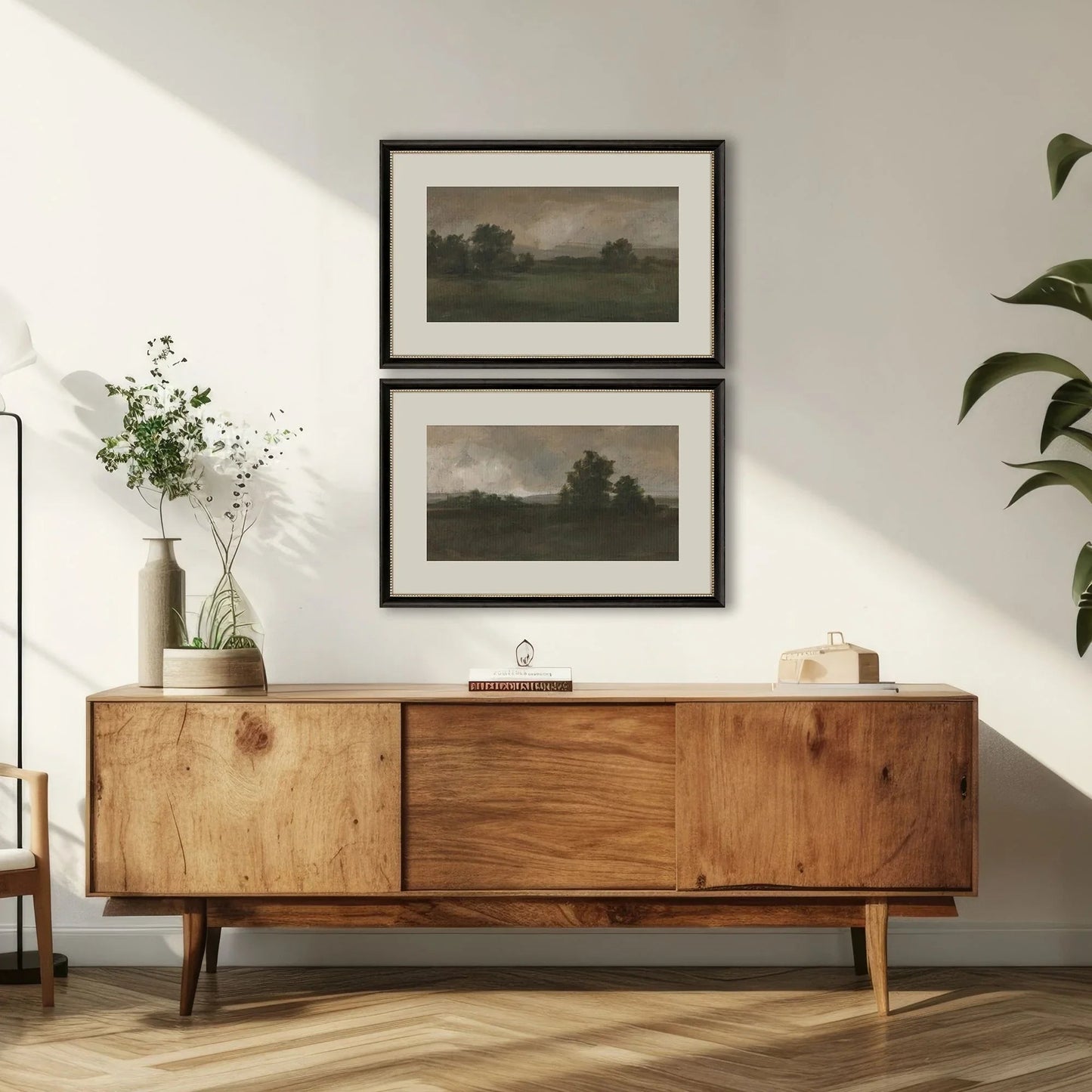 Dusk Panoramic Vista Wood Frame Green Canvas Art 2PC