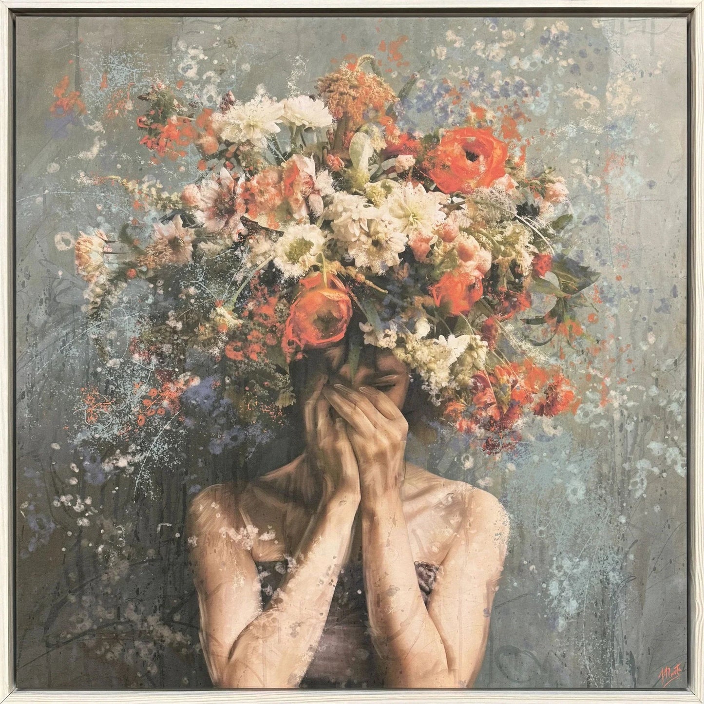 Flower Face Wood Frame Red Canvas Art