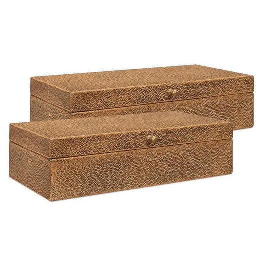 Gastsburg Leather & Paper Liner Brown Shagreen Box 2PC - LOOMLAN - Sarreid - Boxes & Bowls