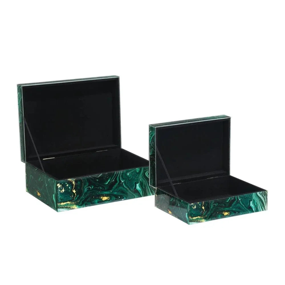 Glass Interstellar Green Marbled Box Set 2PC - LOOMLAN - Currey & Co - Boxes & Bowls