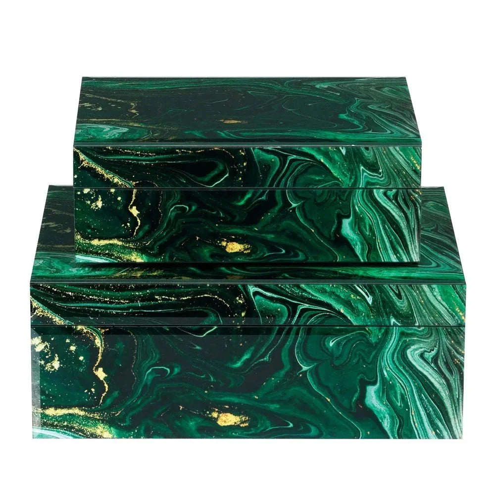 Glass Interstellar Green Marbled Box Set 2PC - LOOMLAN - Currey & Co - Boxes & Bowls