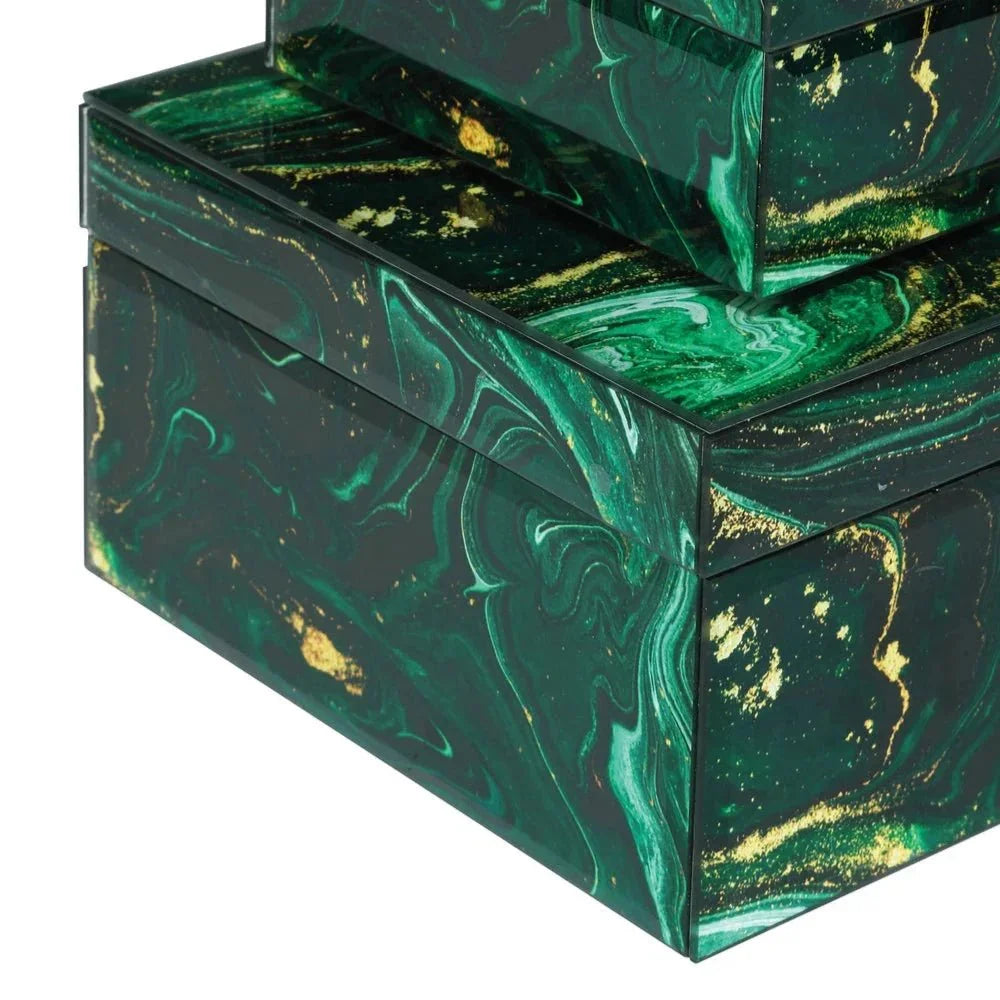 Glass Interstellar Green Marbled Box Set 2PC - LOOMLAN - Currey & Co - Boxes & Bowls