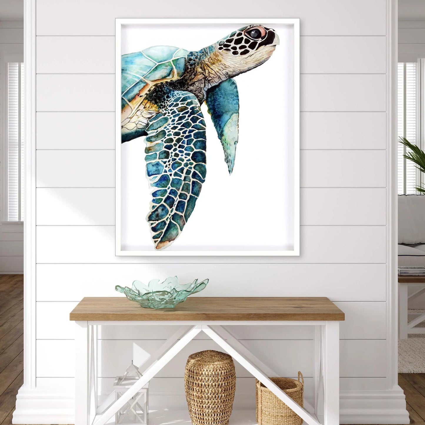 Great Sea Turtle Wood Frame Turquoise Canvas Art