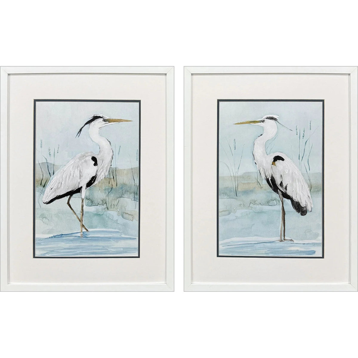 Heron on Blue Blue Framed Wall Art 2PC