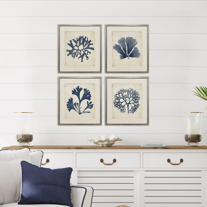 Indigo Sea Life Wood Frame Blue Canvas Art 4PC