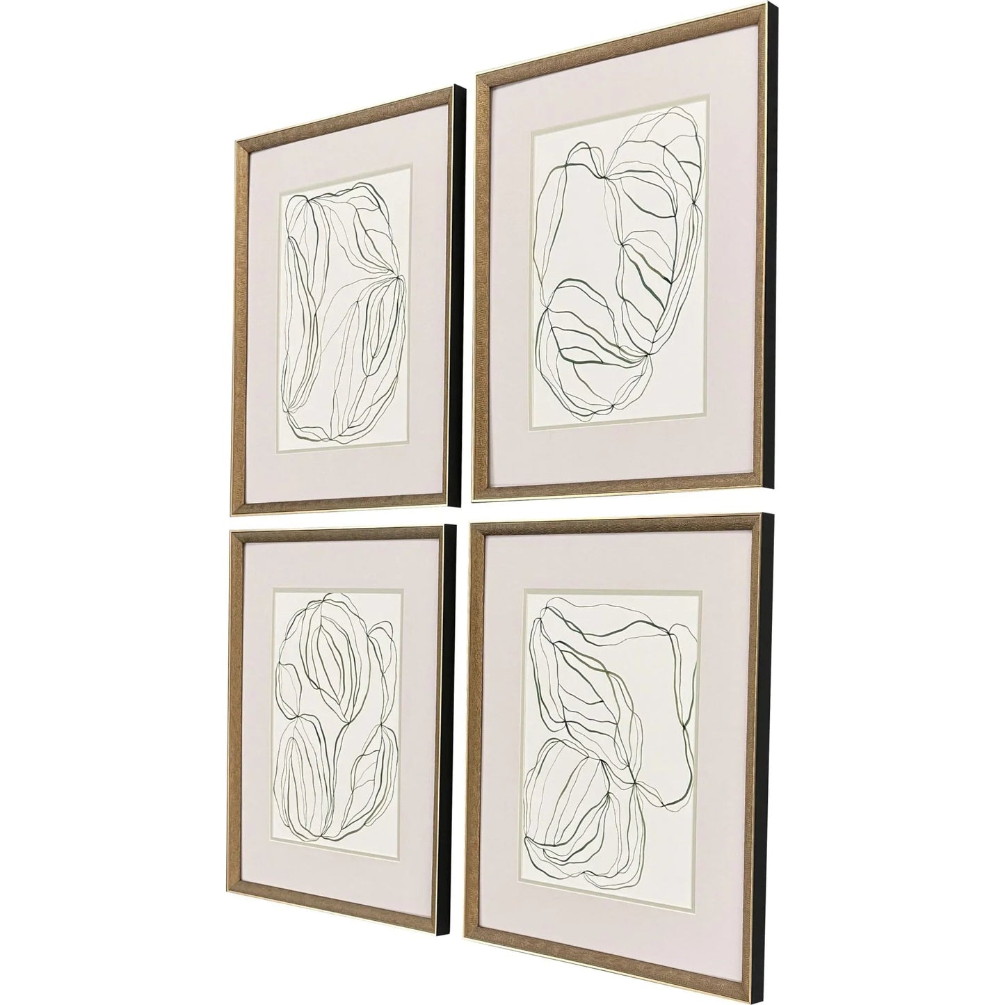 Linear Composition Wood Frame Green Canvas Art 4PC