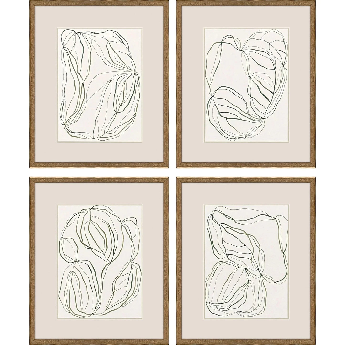 Linear Composition Wood Frame Green Canvas Art 4PC