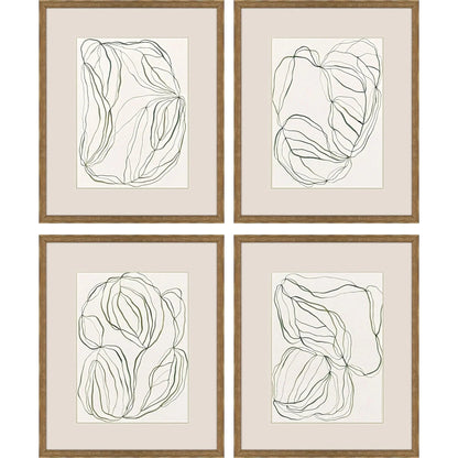 Linear Composition Wood Frame Green Canvas Art 4PC