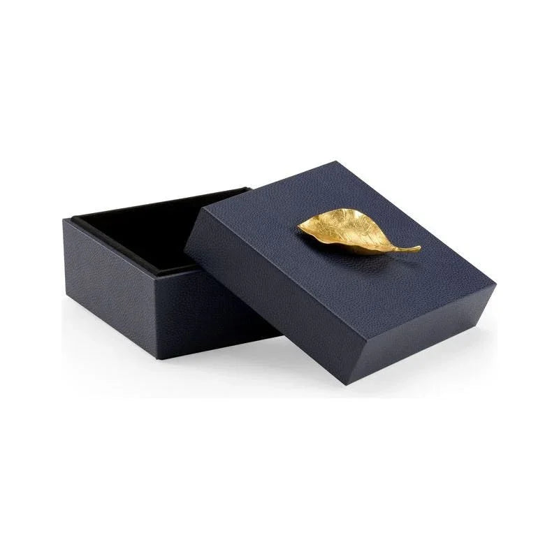 Metallic Gold Leaf Handled Blue Faux Leather Box - LOOMLAN - Chelsea House - Boxes & Bowls