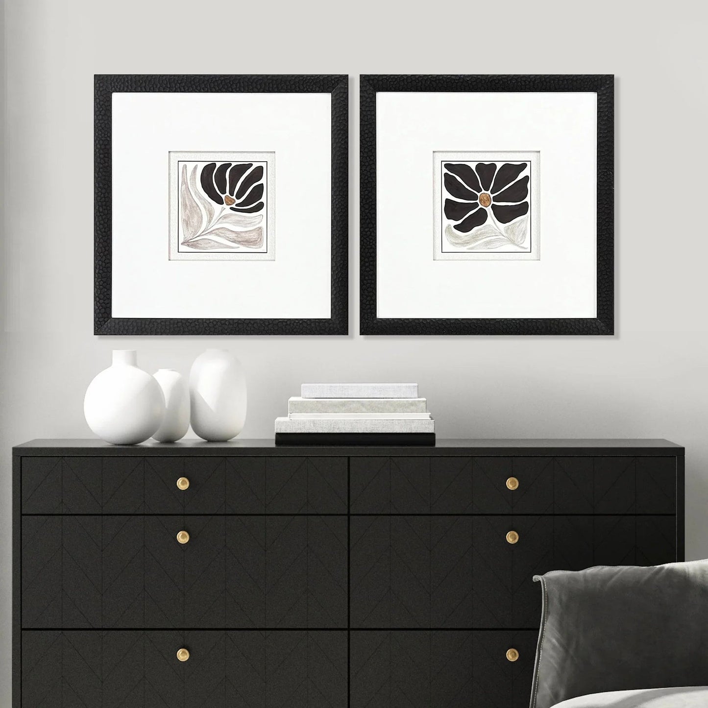 Modern Petals Wood Frame Black Canvas Art 2PC