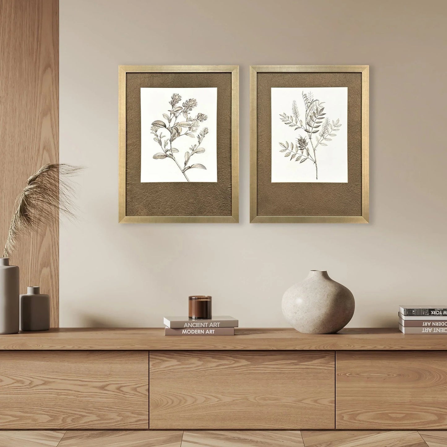 Neutral Botanical Wood Frame Brown Canvas Art 2PC