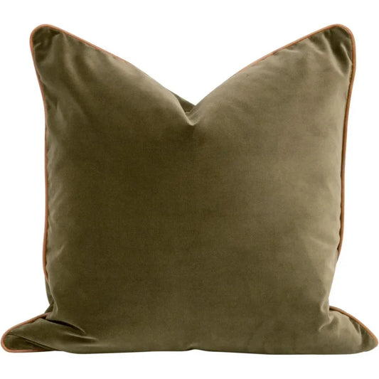 Olive Velvet Throw Pillow Set Leather Piping Accent - LOOMLAN - Essentials For Living - Throw Pillows