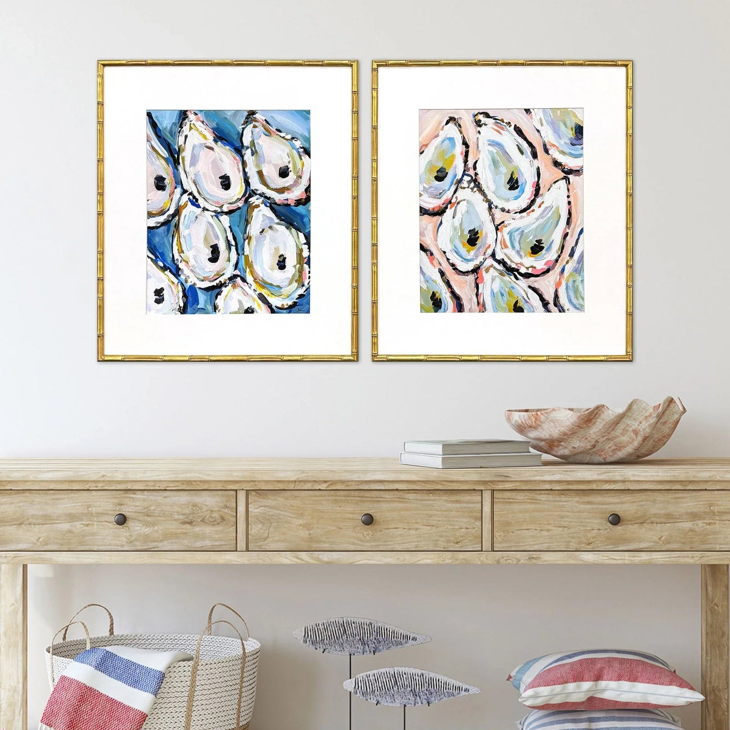 Oyster Shells Wood Frame Blue Canvas Art 2PC
