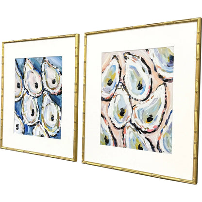 Oyster Shells Wood Frame Blue Canvas Art 2PC