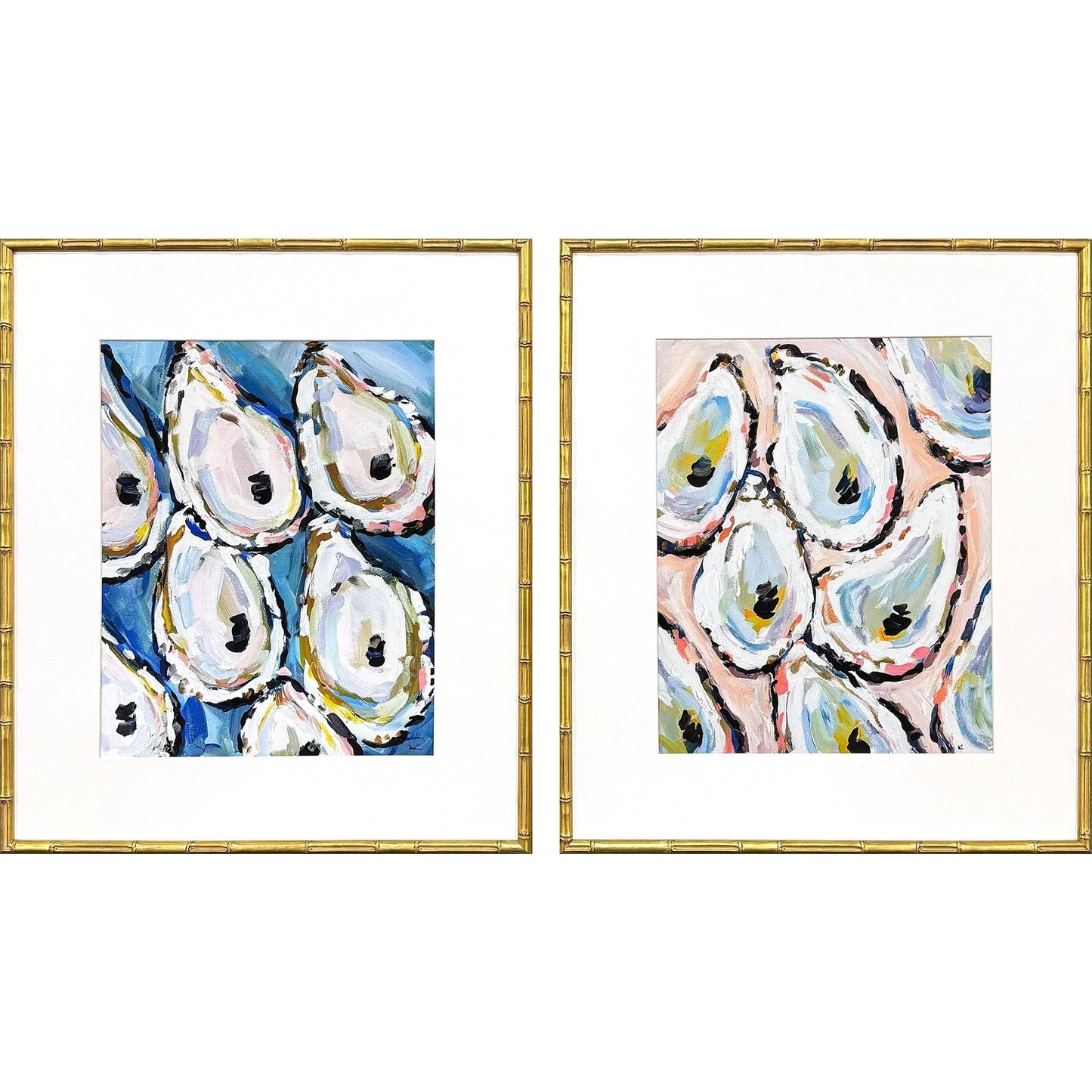 Oyster Shells Wood Frame Blue Canvas Art 2PC