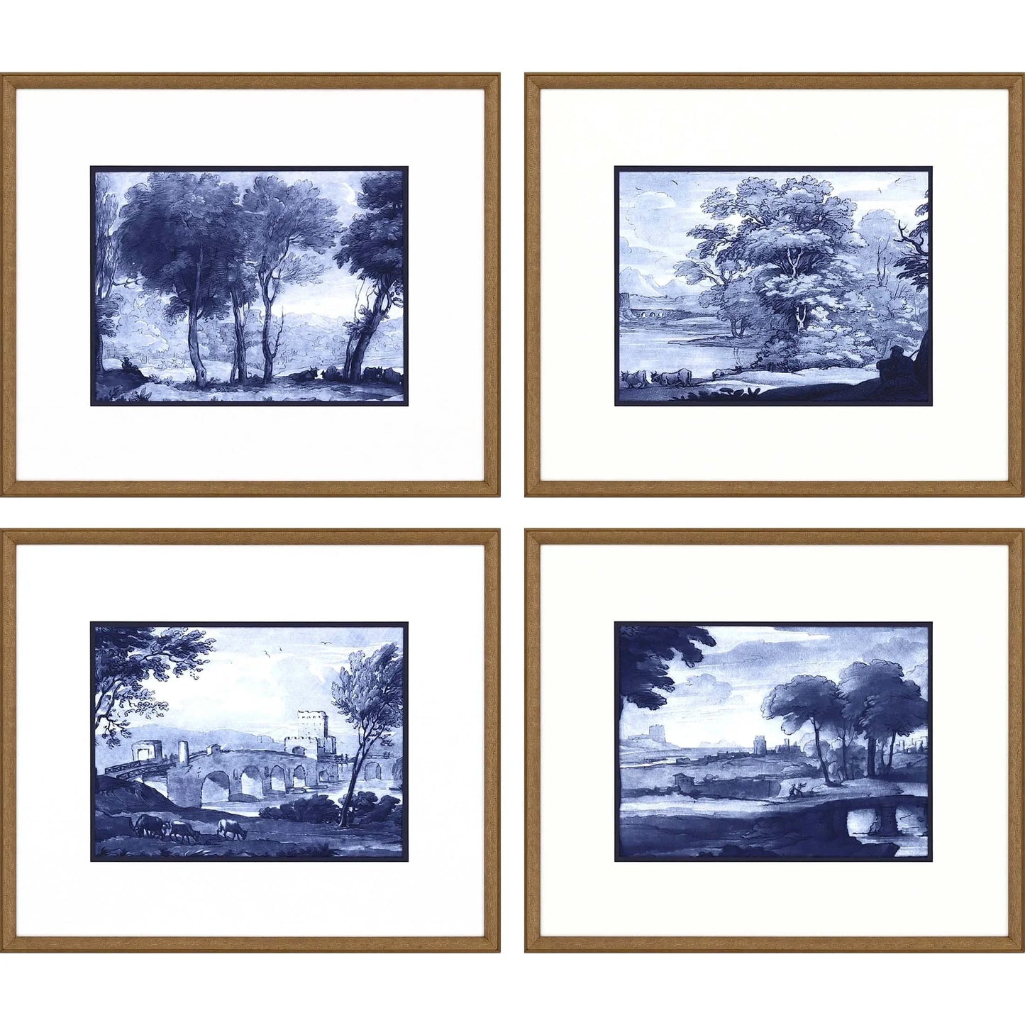 Pastoral Toile Wood Frame Blue Canvas Art 4PC