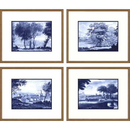 Pastoral Toile Wood Frame Blue Canvas Art 4PC