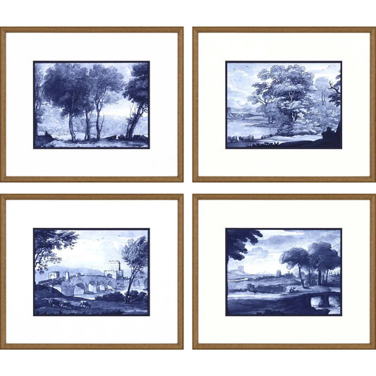 Pastoral Toile Wood Frame Blue Canvas Art 4PC