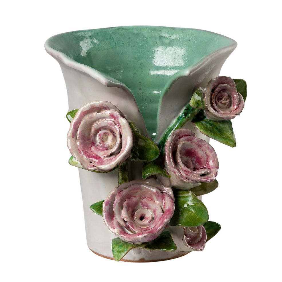 Abigails Pink Roses Design White Ceramic Vase