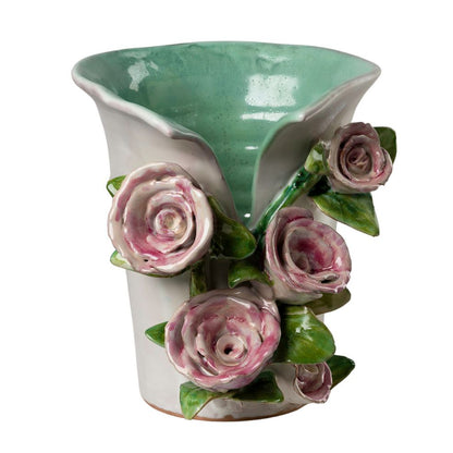 Abigails Pink Roses Design White Ceramic Vase