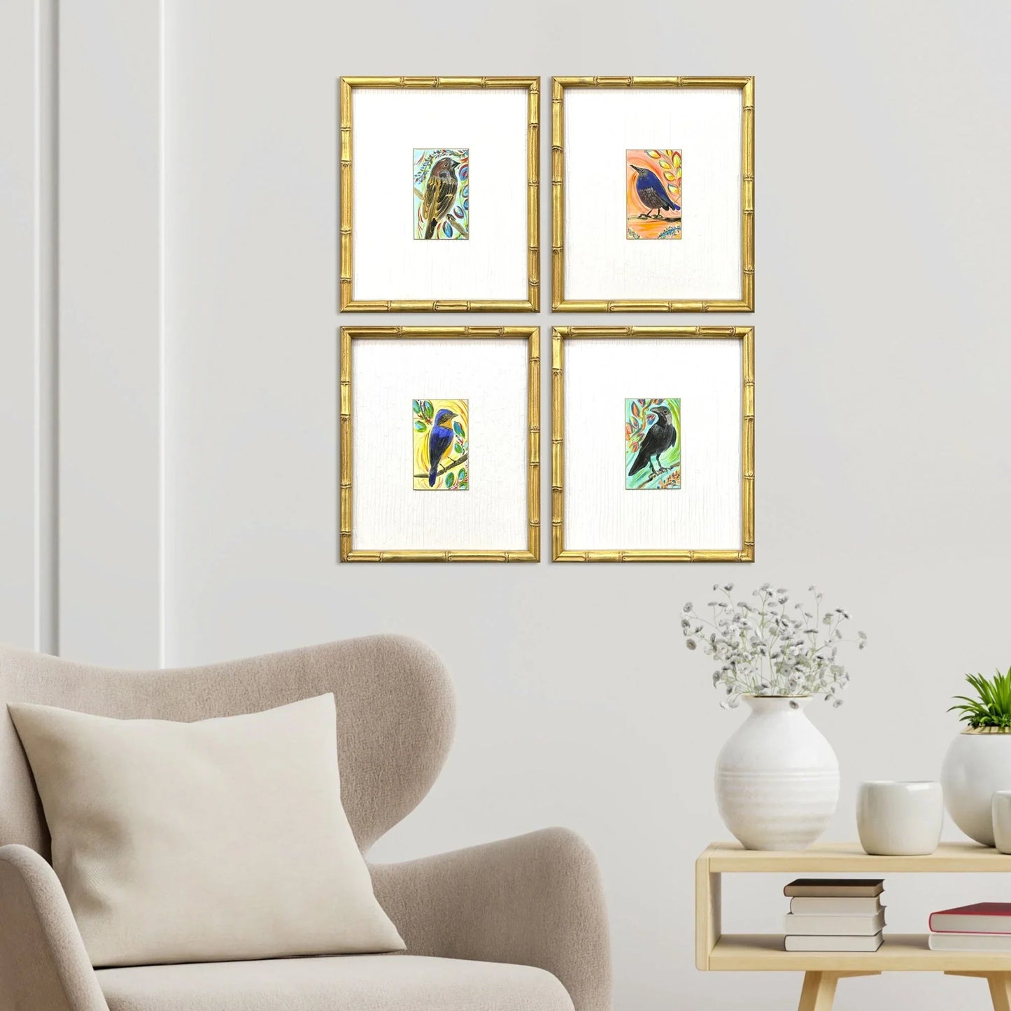 Sassy Birds Wood Frame Blue Canvas Art 4PC