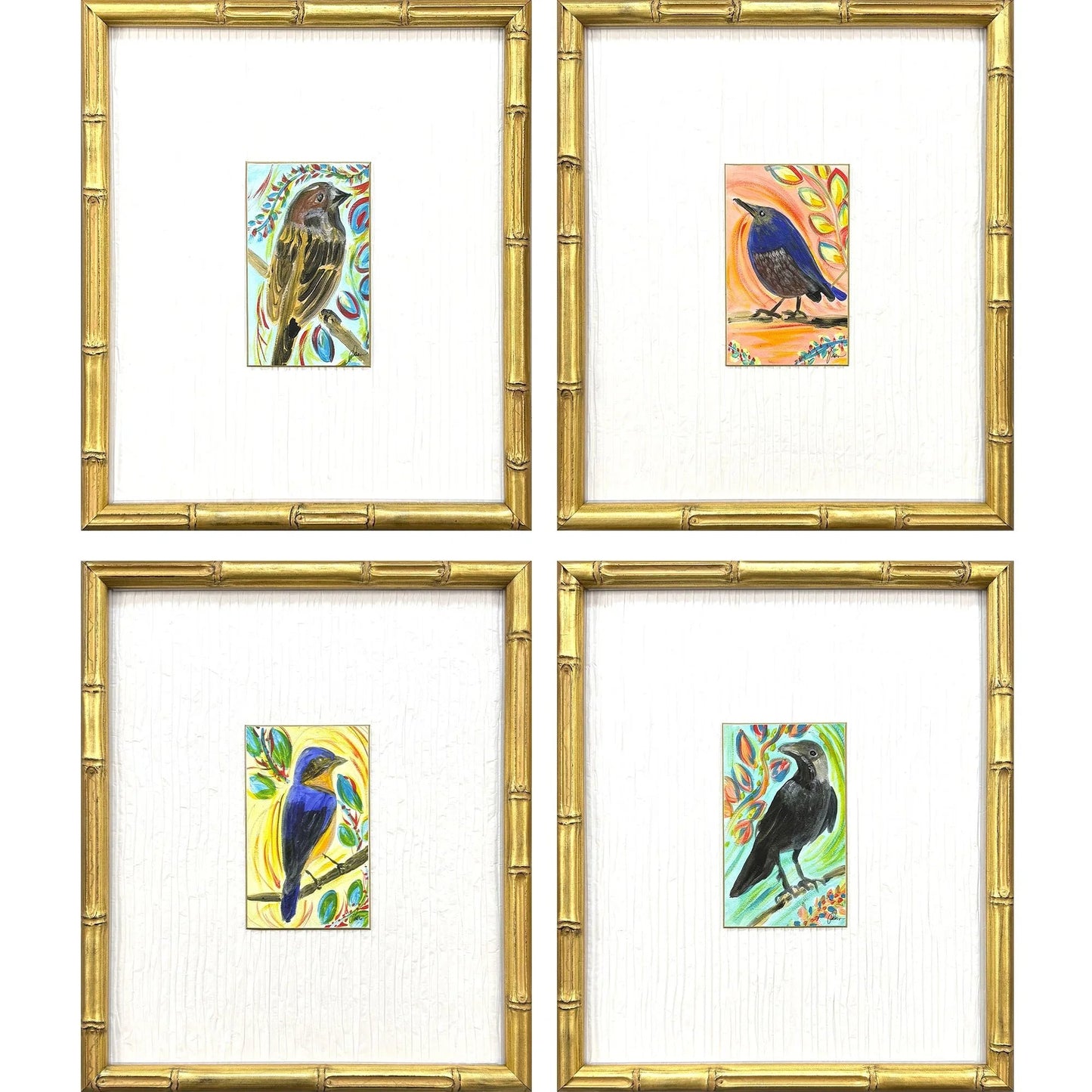 Sassy Birds Wood Frame Blue Canvas Art 4PC