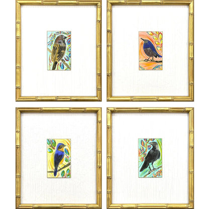 Sassy Birds Wood Frame Blue Canvas Art 4PC