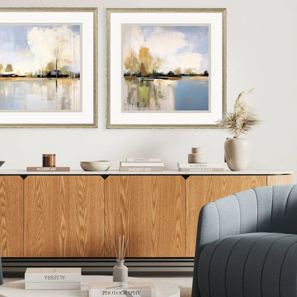 September Morning Wood Frame Blue Canvas Art