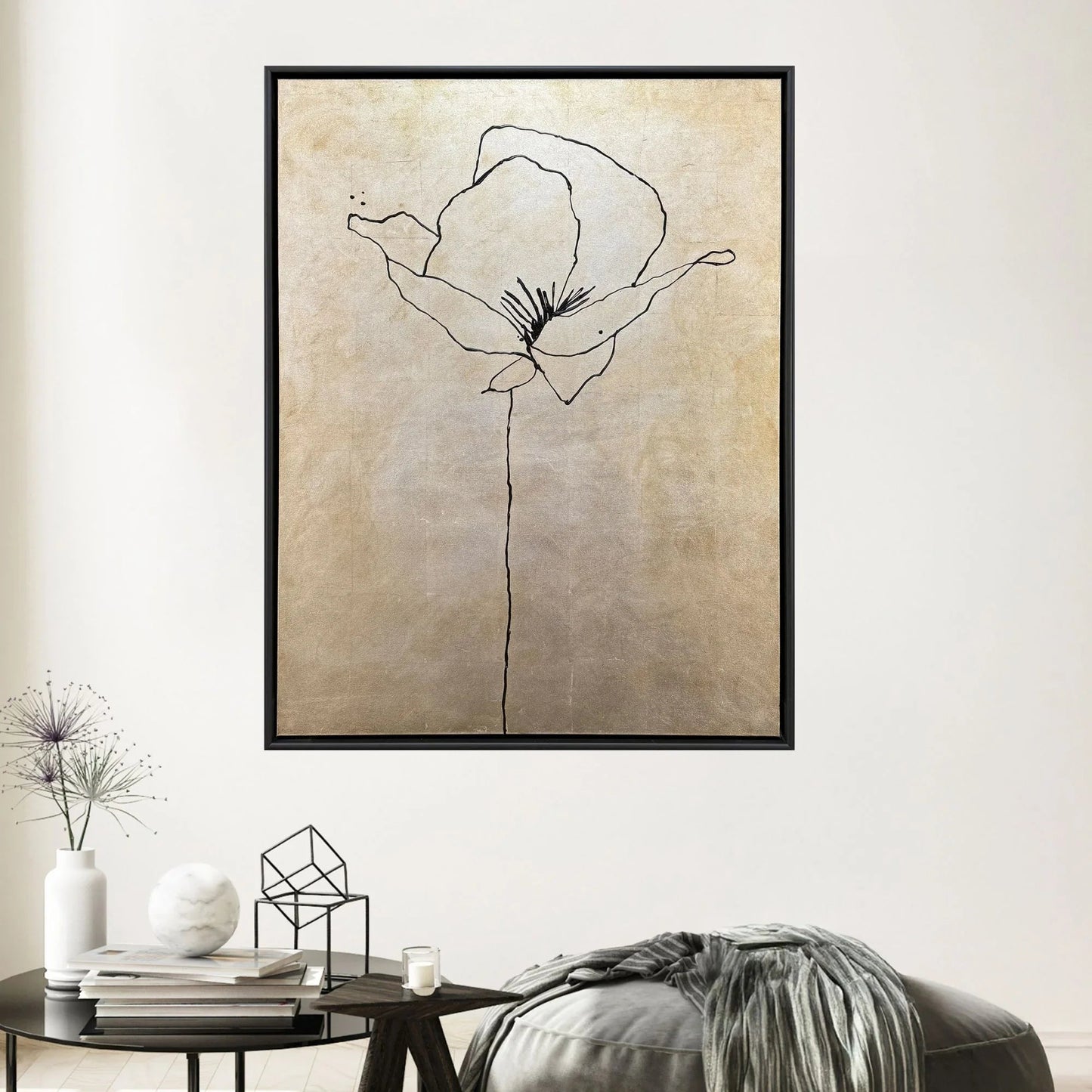 Silver Poppies I Wood Frame Brown Canvas Art