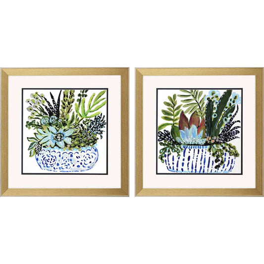 Succulent Garden Blue Canvas Art 2PC