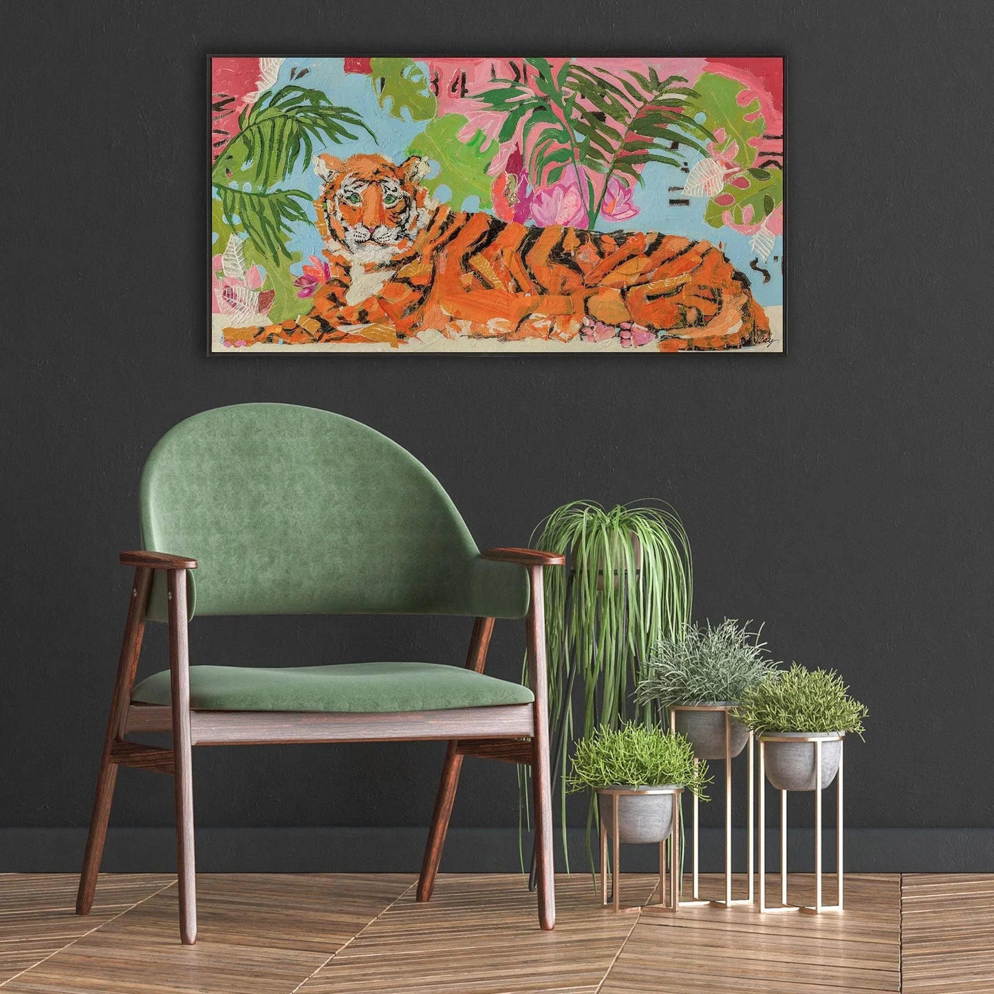 Tiger at Rest Wood Frame Orange Canvas Art