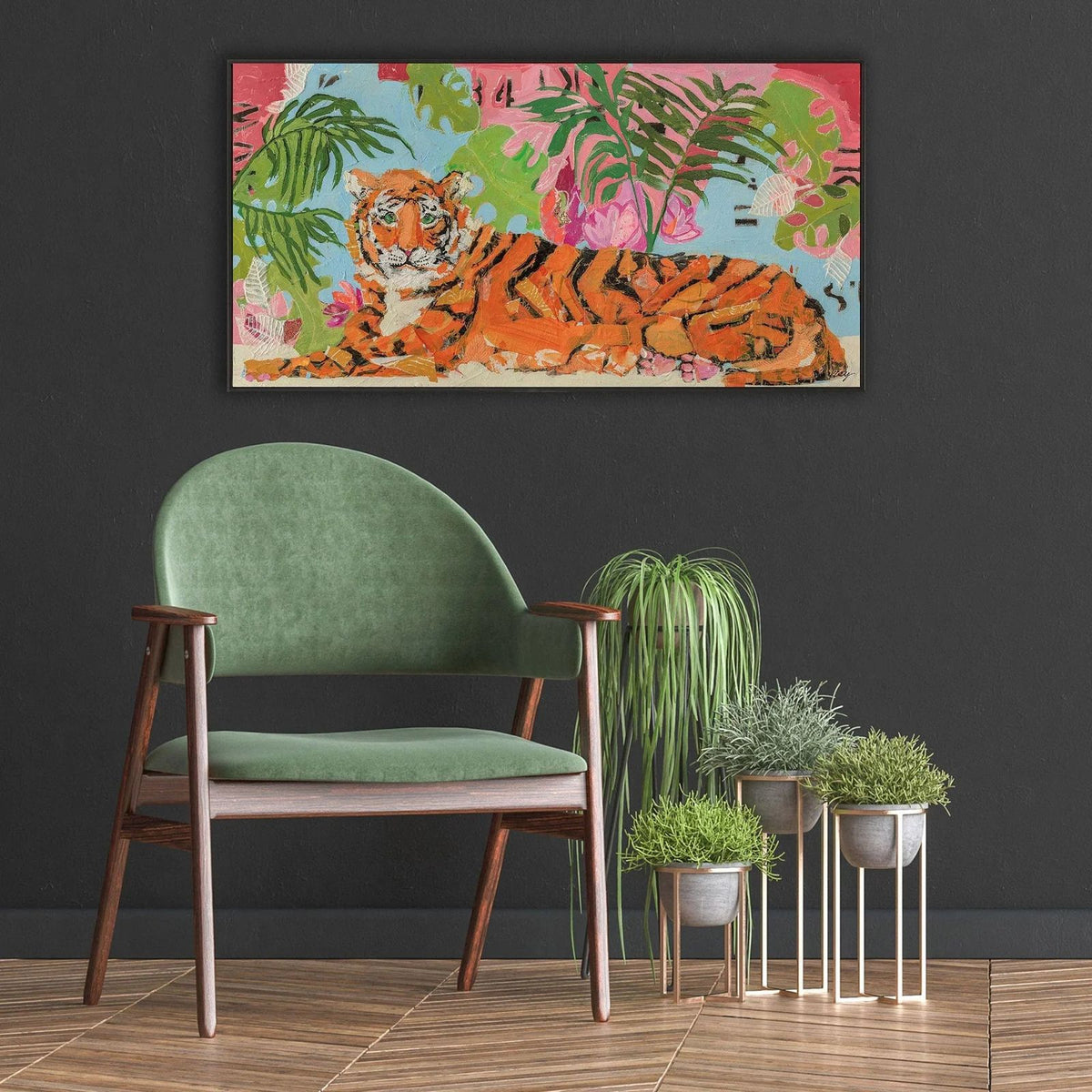 Tiger at Rest Wood Orange Framed Wall Art -- view 2