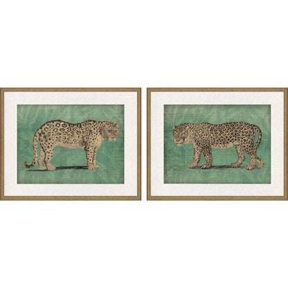 Vintage Cats Wood Frame Green Canvas Art 2PC