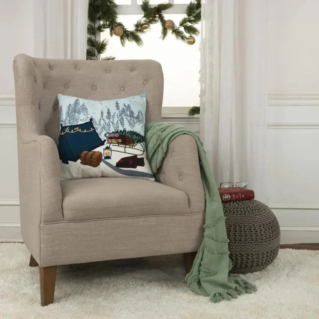 White Christmas Throw Pillow Campsite White & Blue Zuri - LOOMLAN - LOOMLAN - Throw Pillows