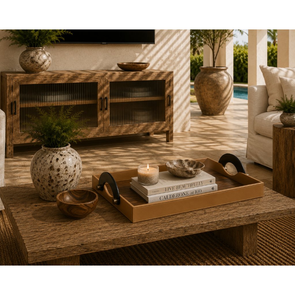 Mave Camel Leather Warp Rectangular Tray - view 3